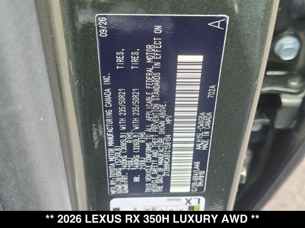 2026 Lexus RX HYBRID RX 350h LUXURY AWD