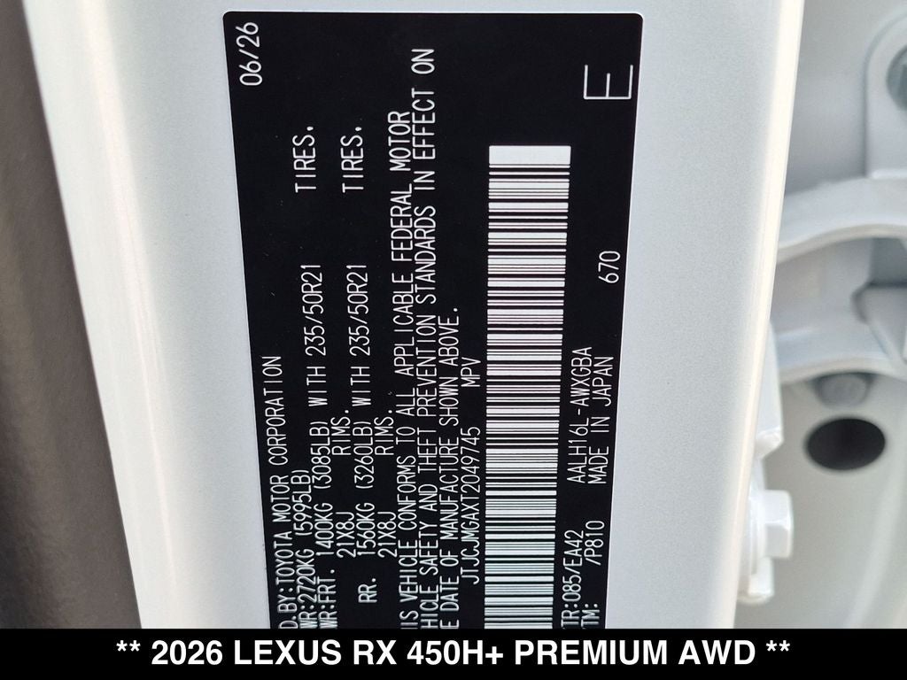 2026 Lexus RX PLUG-IN HYBRID ELECTRIC VEHICLE RX 450h+ PREMIUM AWD